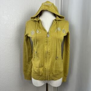 Y2K Bcbg Maxazria Sweater Womens Small Yellow/Green Zip‎ Hoodie Stud Detail